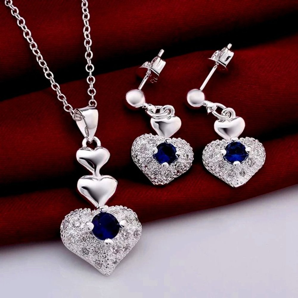Beautiful 4 Pc Set Sapphire Heart Pendant & Earrings, w.18 Chain Sterling Silver - Picture 1 of 10
